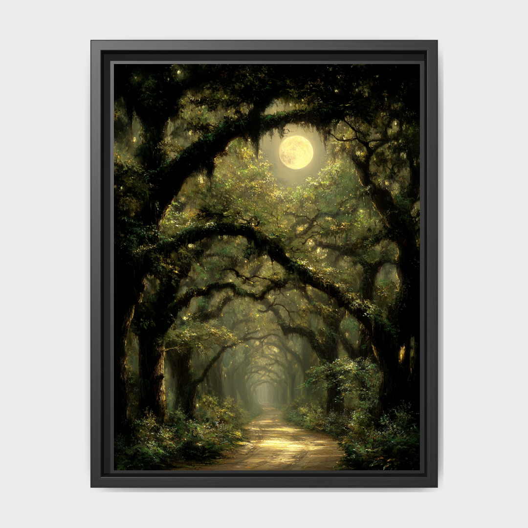 Moonlit Oak Tree Forest Wall Art Print, Woodland Path, Moody Dark Academia Artwork Main image