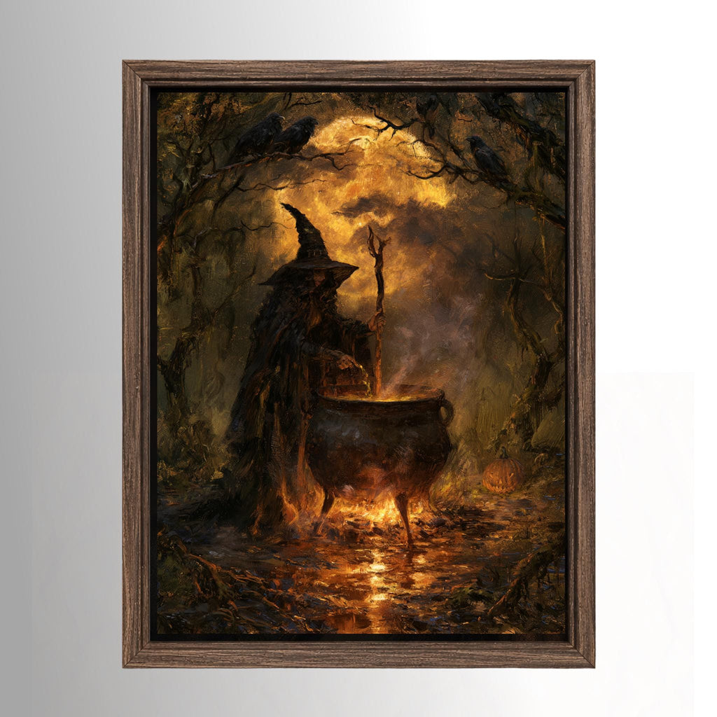 Moody witch wall art showing a dark witch stirring a glowing cauldron beneath ravens in an autumn forest, gothic Halloween decor.