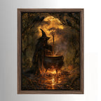 Moody witch wall art showing a dark witch stirring a glowing cauldron beneath ravens in an autumn forest, gothic Halloween decor.