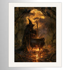 Moody witch wall art showing a dark witch stirring a glowing cauldron beneath ravens in an autumn forest, gothic Halloween decor.