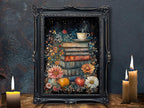 Floral Stack of Books with Coffee Still Life Print, Dark Academia Wall Art illustration