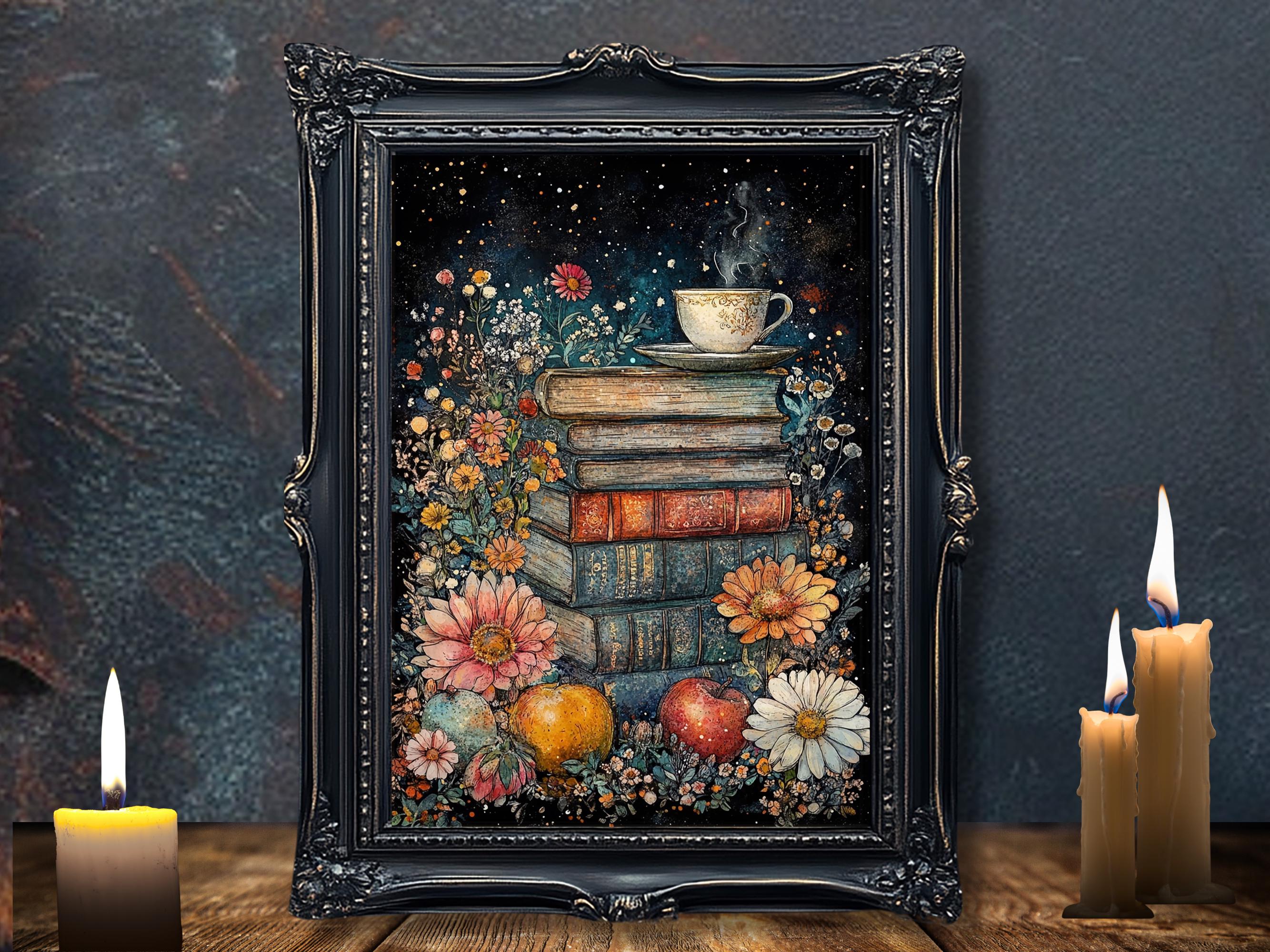 Floral Stack of Books with Coffee Still Life Print, Dark Academia Wall Art illustration
