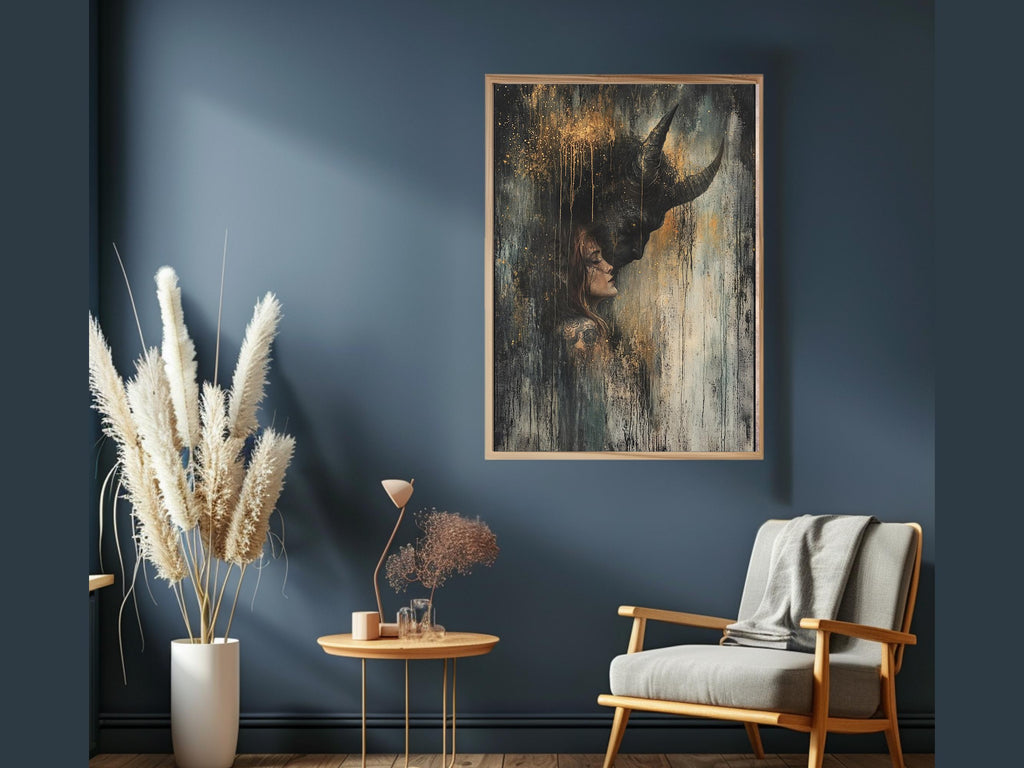 Black Horned Demon and Woman Art Print Dark Fantasy Gold Drip Occult Devil Decor