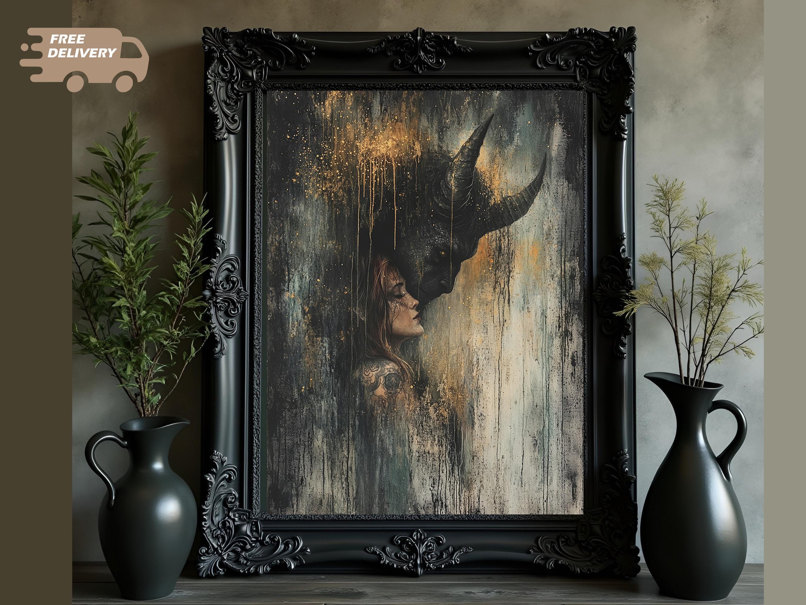 Black Horned Demon and Woman Art Print Dark Fantasy Gold Drip Occult Devil Decor