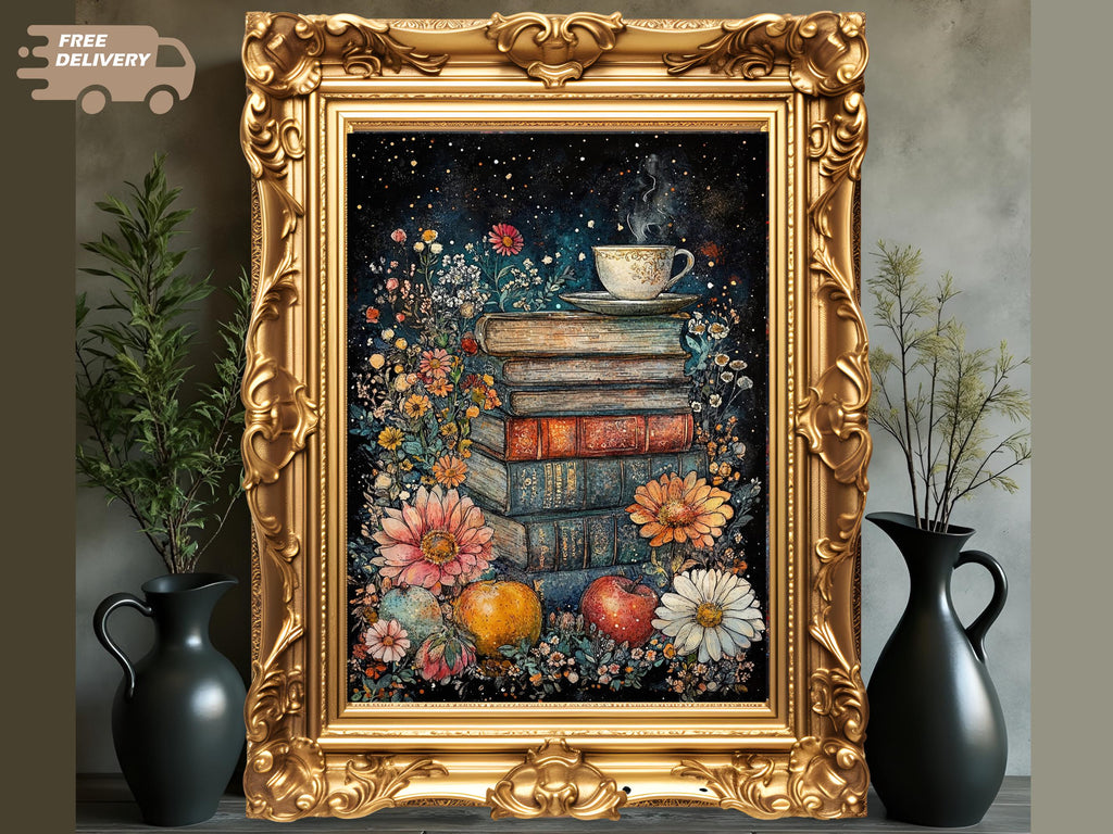 Floral Stack of Books with Coffee Still Life Print, Dark Academia Wall Art illustration