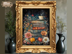 Floral Stack of Books with Coffee Still Life Print, Dark Academia Wall Art illustration