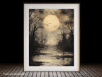Full Moon, Moody Forest Swamp Wall Art Print Creepy Landscape, Raven Birds, Dark Decor