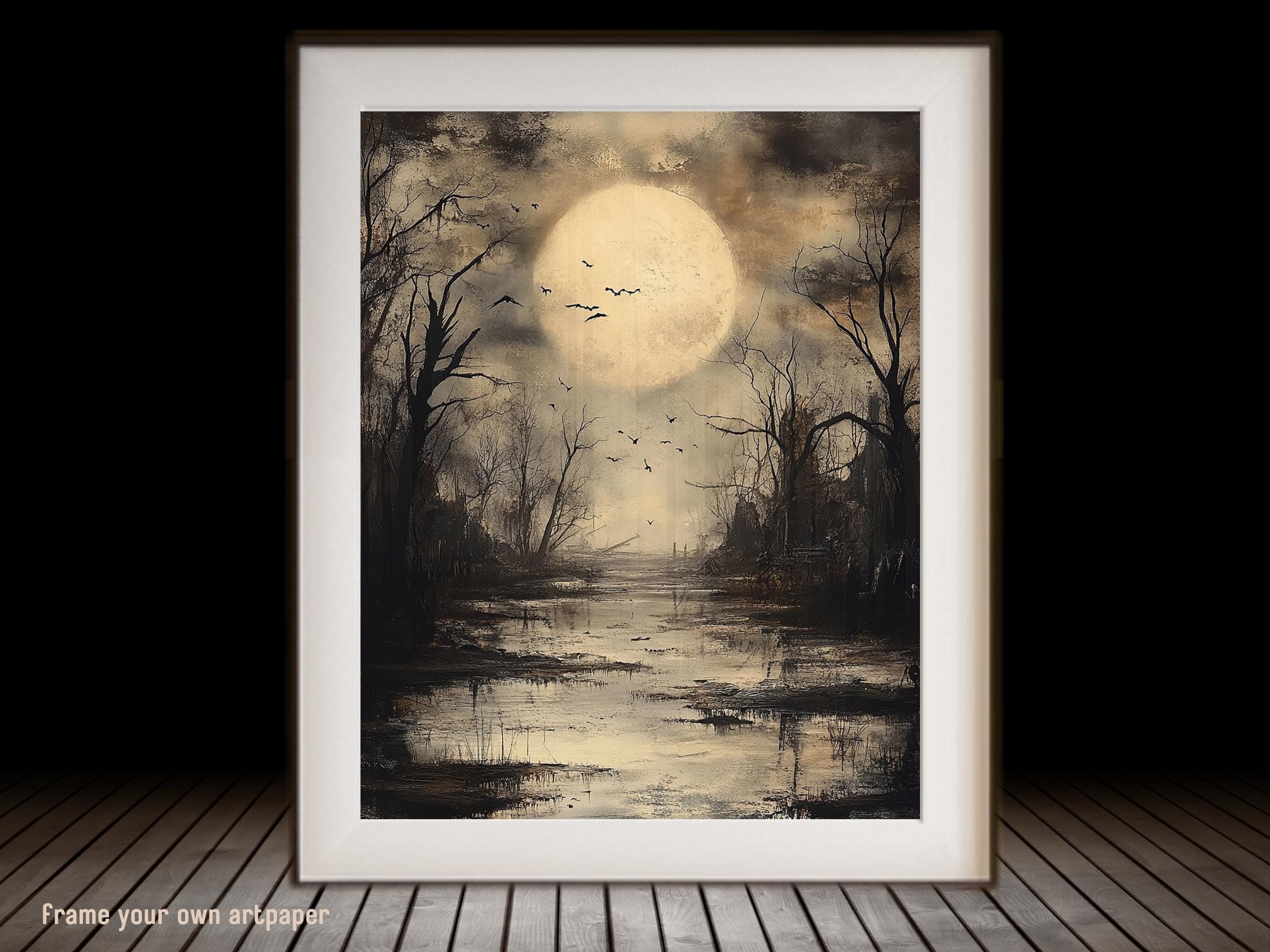 Full Moon, Moody Forest Swamp Wall Art Print Creepy Landscape, Raven Birds, Dark Decor