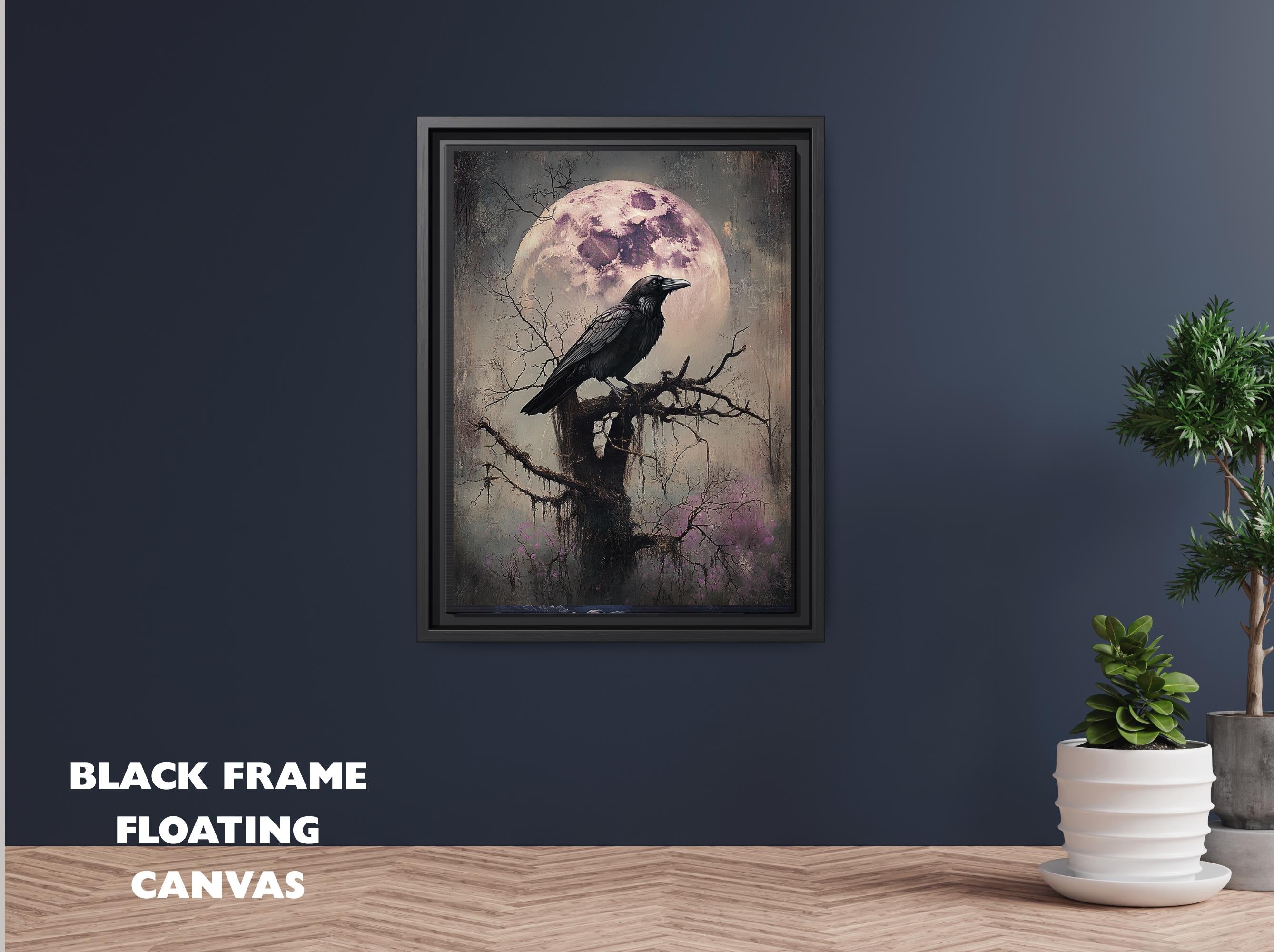 Vintage Black Raven Wall Art Print Pink Full Moon Crow Painting