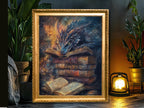 Fantasy Dragon Book Print, Mystical Serpent Wall Art Decor, Dark Academia Painting