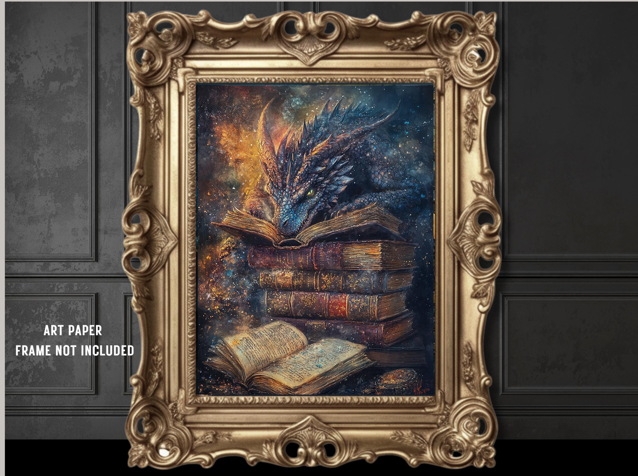 Fantasy Dragon Book Print, Mystical Serpent Wall Art Decor, Dark Academia Painting