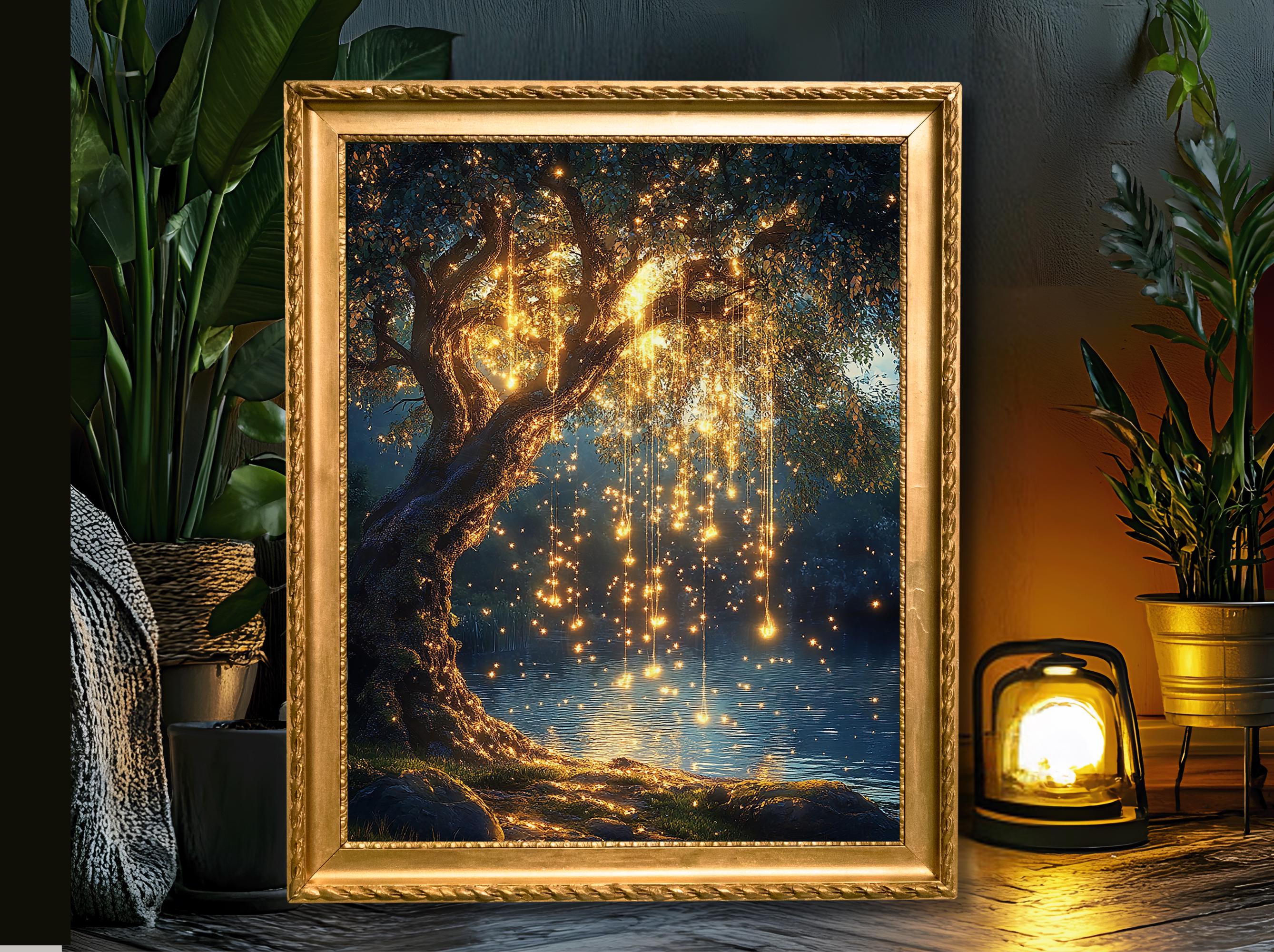 Willow Tree with Fairy Lights Print, Moonlit Lake Wall Art, Enchanted Dark Academia Painting