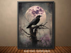 Vintage Black Raven Wall Art Print Pink Full Moon Crow Painting