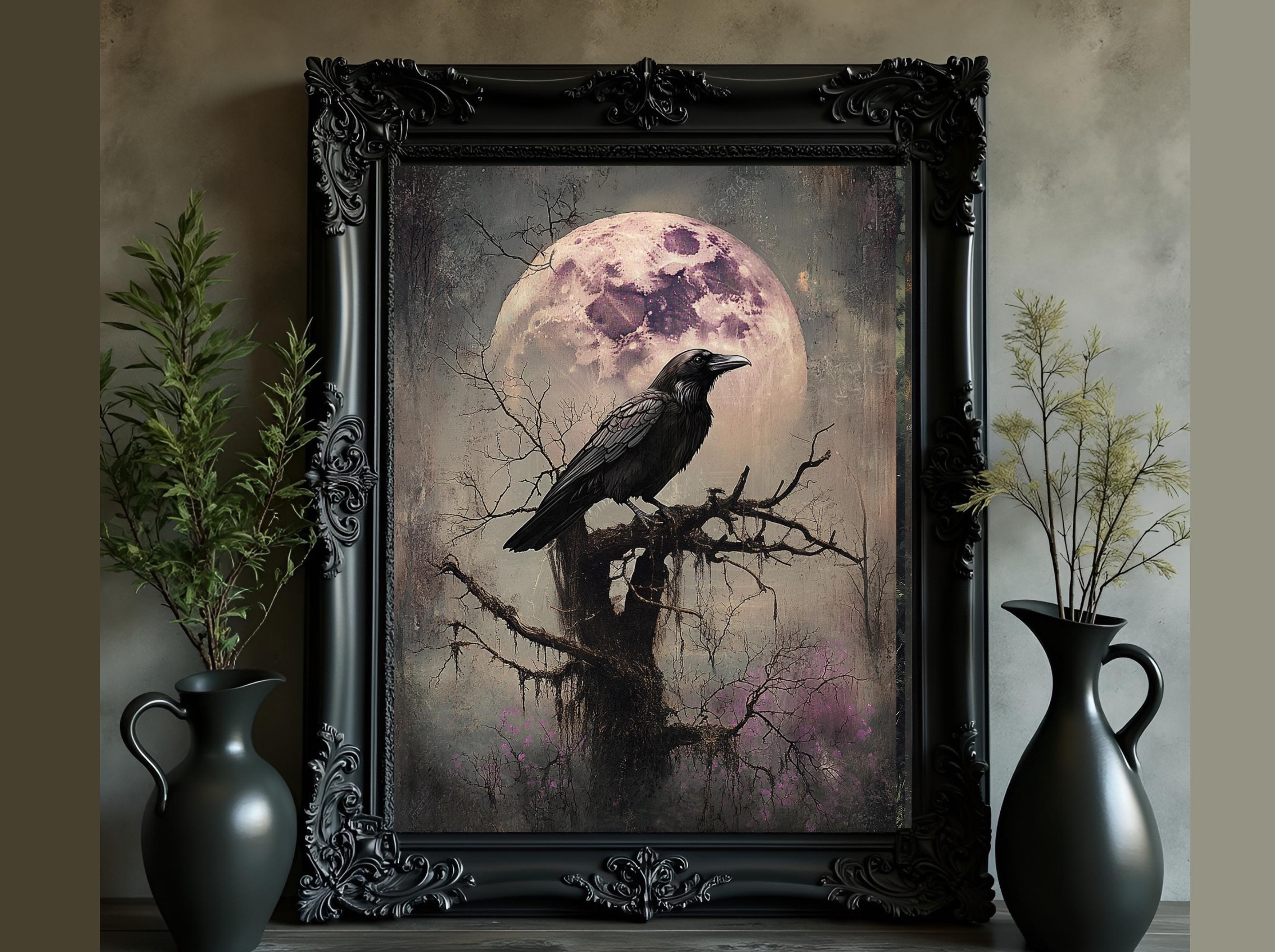 Vintage Black Raven Wall Art Print Pink Full Moon Crow Painting