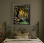 Enchanted Weeping Willow Firefly Print William Morris Inspired Fantasy Golden Tree Reflections on Water