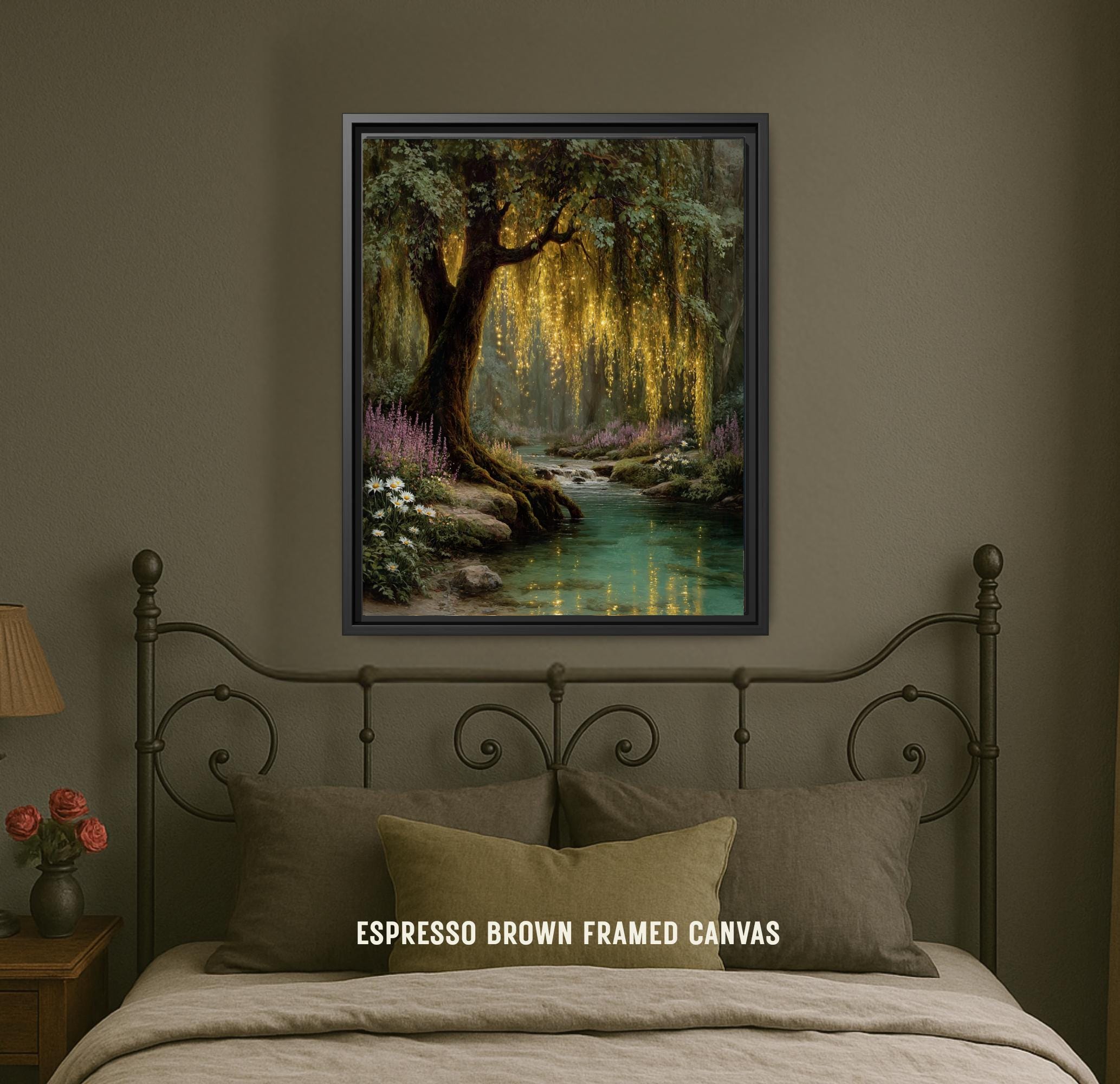 Enchanted Weeping Willow Firefly Print William Morris Inspired Fantasy Golden Tree Reflections on Water