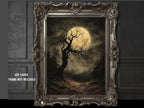 Gothic Full Moon Forest Art Print, Spooky Tree Silhouette Dark Moody Oil Painting Style