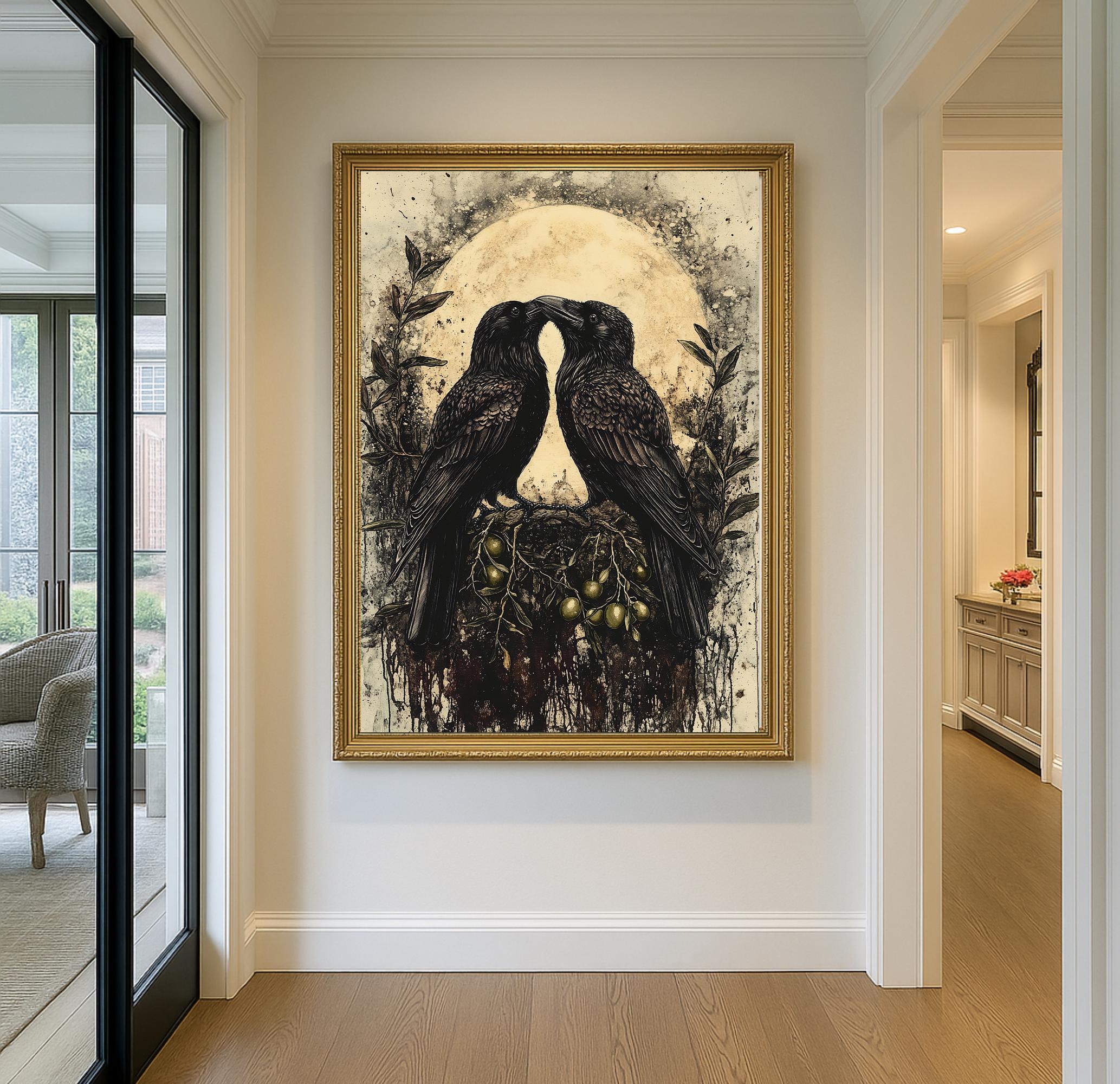Raven Couple Wall Art Print, Two Romantic Crows, Pair of Birds Full Moon Painting Secondary image