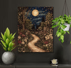 Celestial William Morris Inspired Woodland Print Moonlit Garden Path Nature Illustration