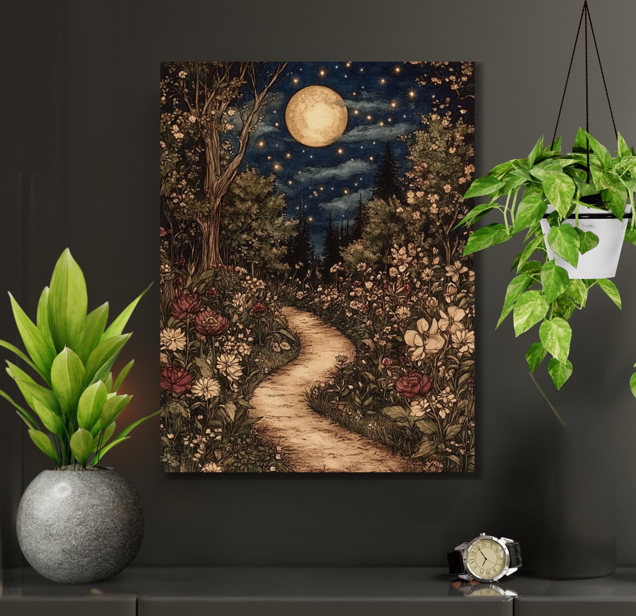 Celestial William Morris Inspired Woodland Print Moonlit Garden Path Nature Illustration