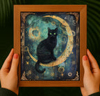 Celestial Black Cat Art Print, Gothic Moon Decor