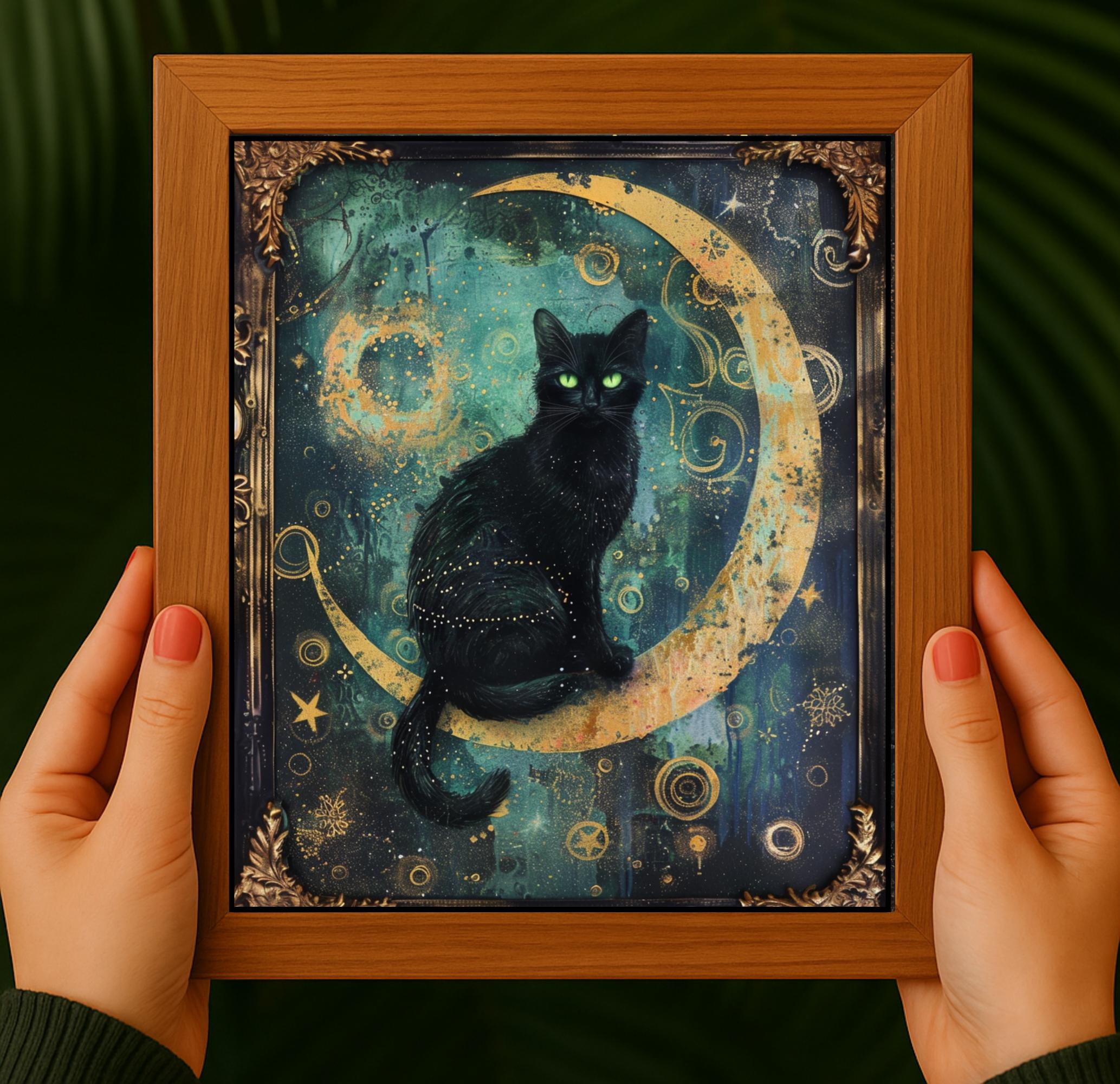 Celestial Black Cat Art Print, Gothic Moon Decor