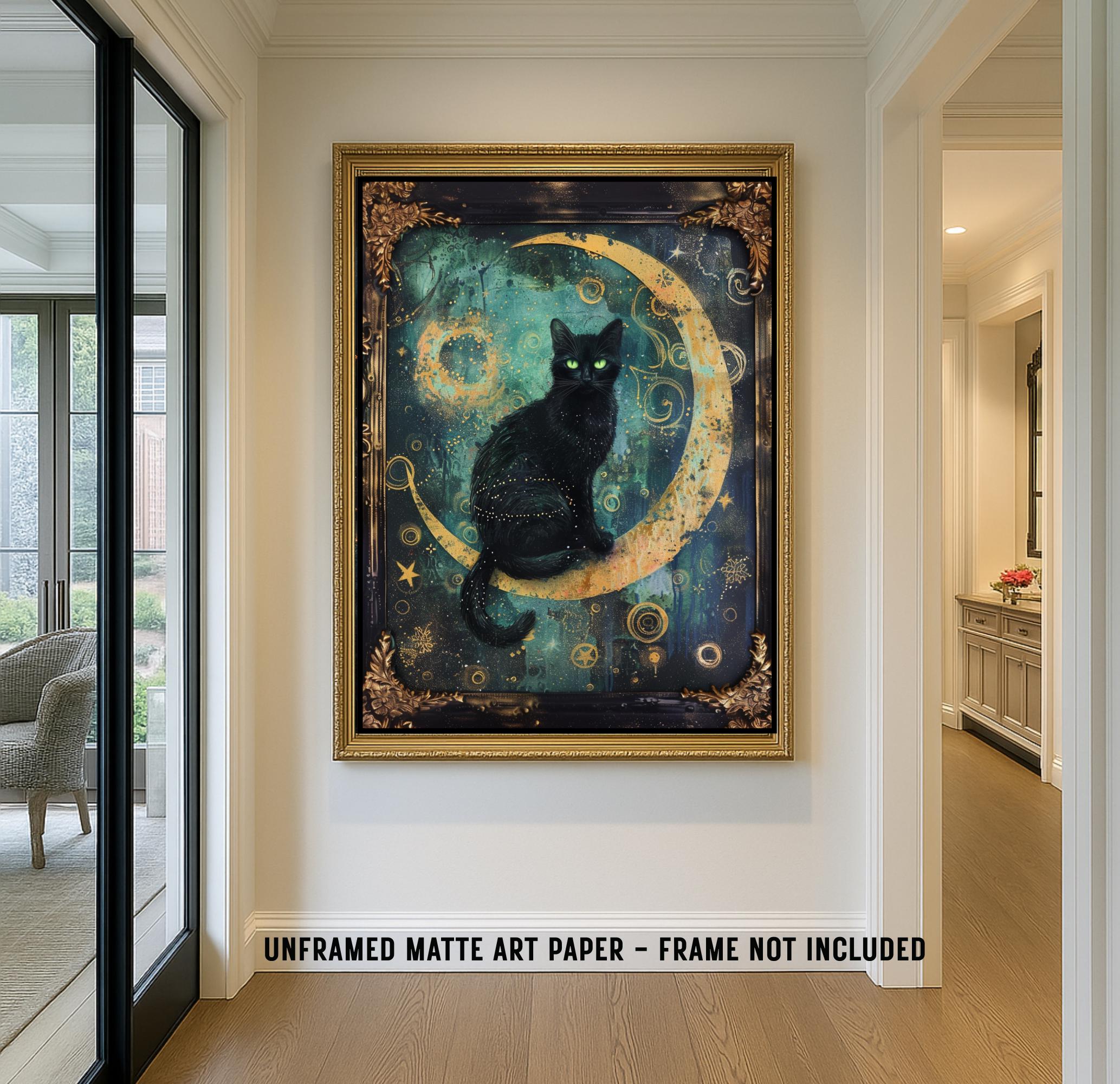Celestial Black Cat Art Print, Gothic Moon Decor