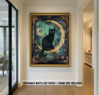 Celestial Black Cat Art Print, Gothic Moon Decor