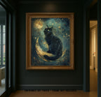 Black Cat on Crescent Moon Teal Art Print Mystical Celestial Dark Academia Wall Decor