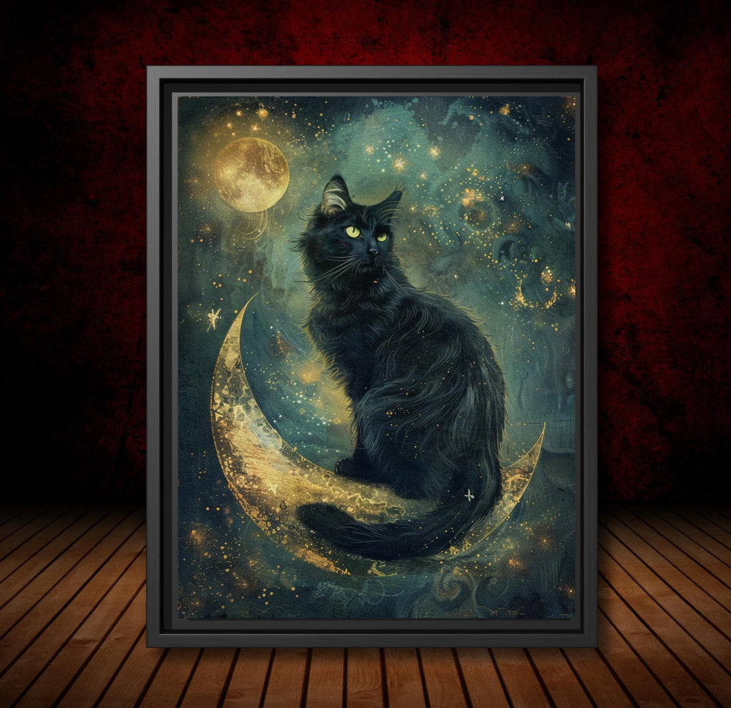 Black Cat on Crescent Moon Teal Art Print Mystical Celestial Dark Academia Wall Decor
