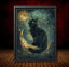 Black Cat on Crescent Moon Teal Art Print Mystical Celestial Dark Academia Wall Decor