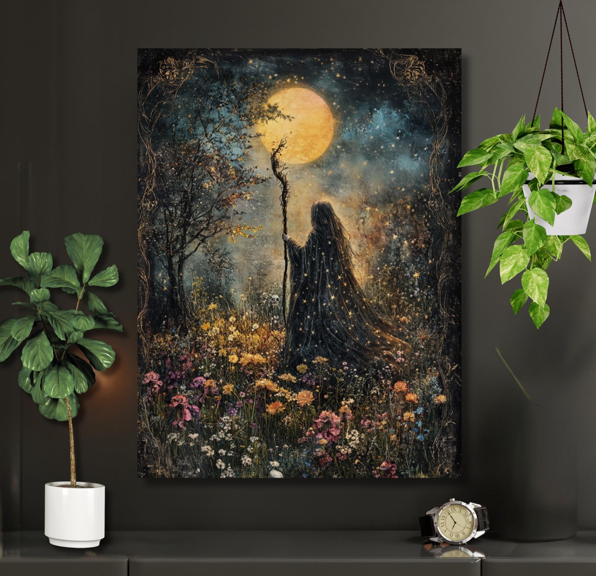 Witches Coven Art Print, Floral Moonlight White Witch Painting, Mystical Cottagecore Decor Secondary image