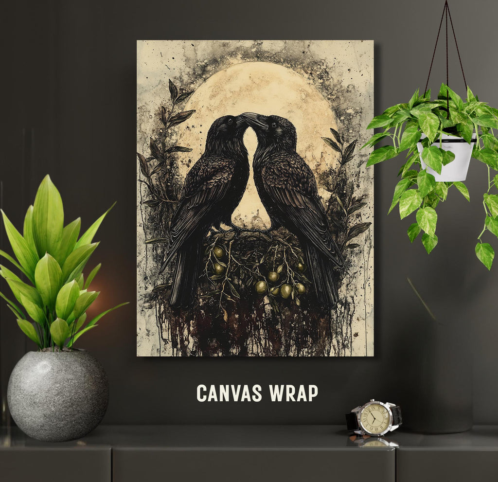 Raven Couple Wall Art Print, Two Romantic Crows, Pair of Birds Full Moon Painting