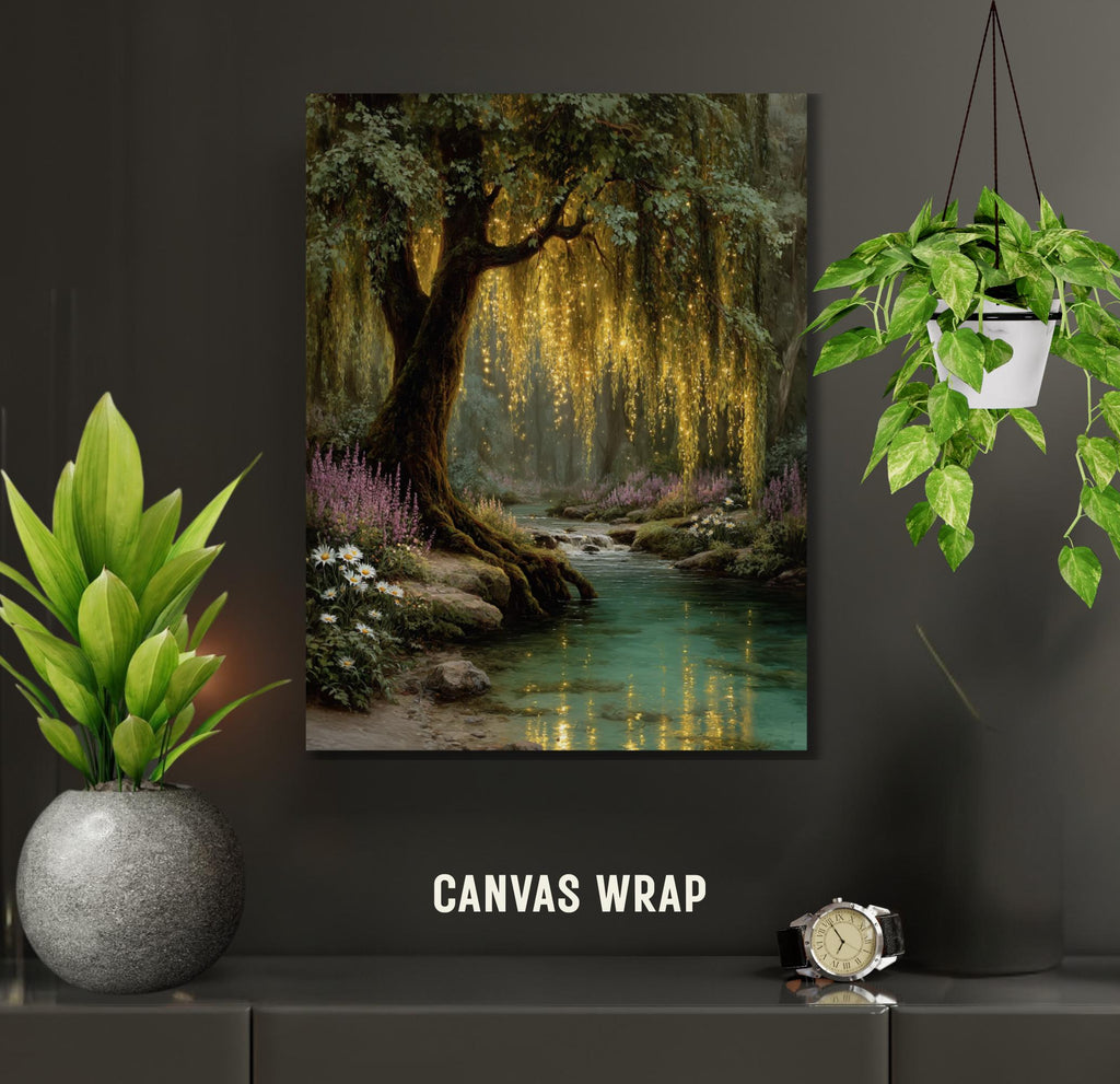 Enchanted Weeping Willow Firefly Print William Morris Inspired Fantasy Golden Tree Reflections on Water