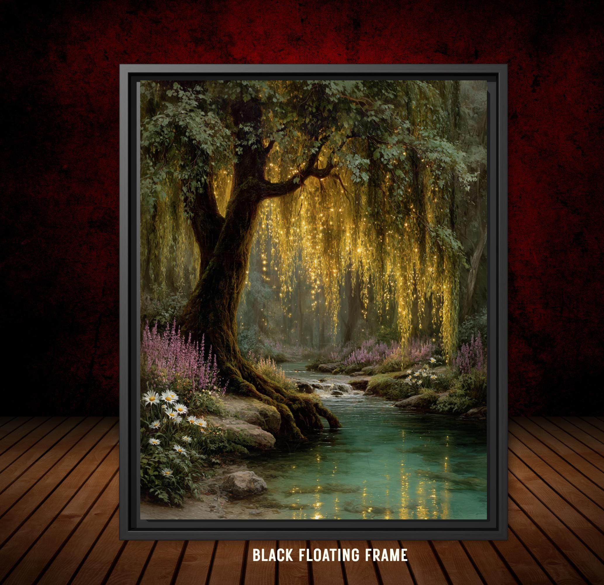Enchanted Weeping Willow Firefly Print William Morris Inspired Fantasy Golden Tree Reflections on Water