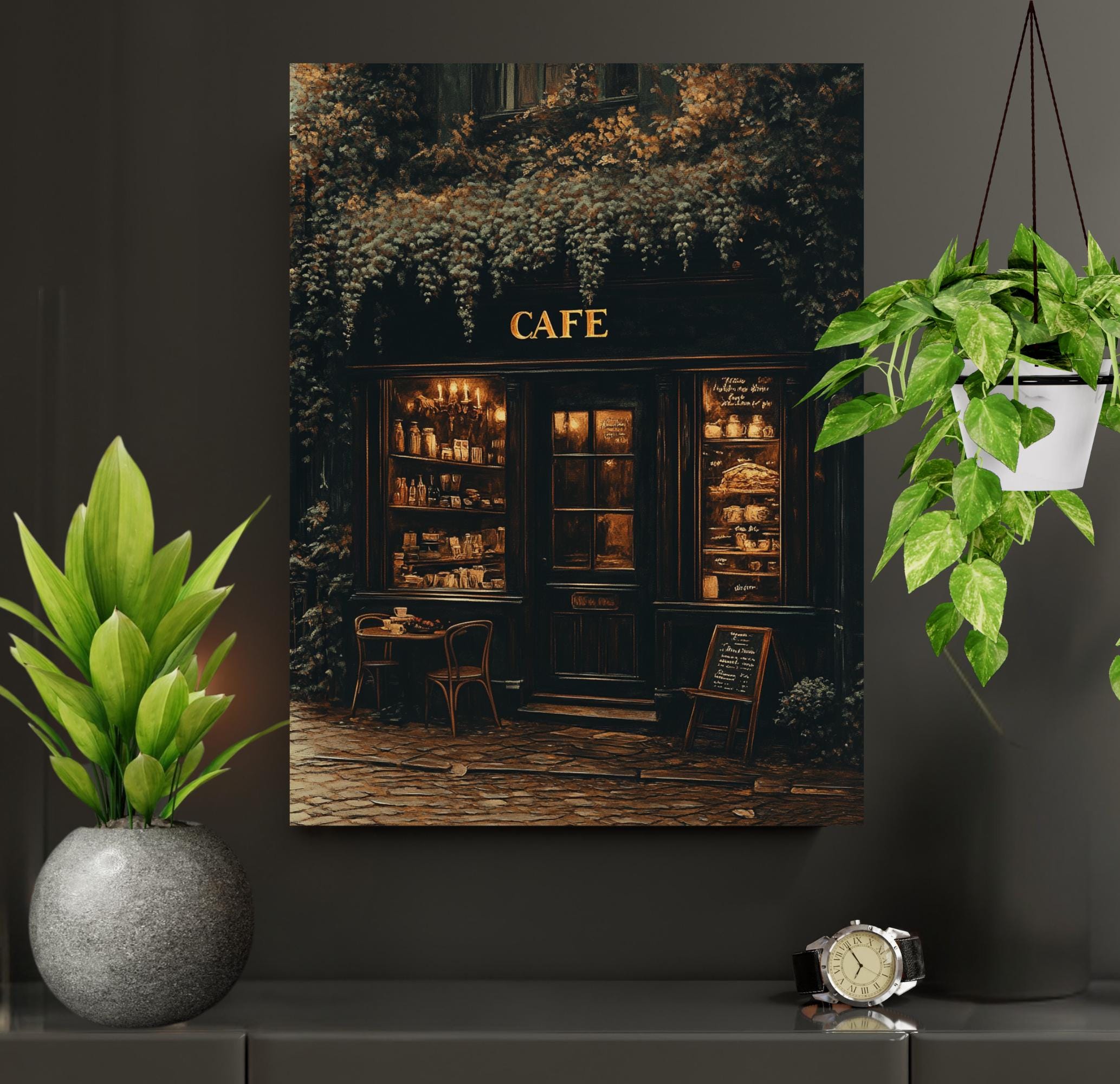 Vintage Café Storefront Wall Art Print Cozy Coffee Shop Oil Painting Style Artwork Secondary image