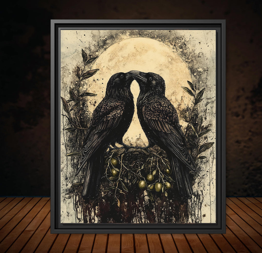 Raven Couple Wall Art Print, Two Romantic Crows, Pair of Birds Full Moon Painting