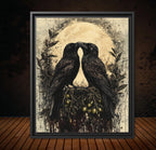 Raven Couple Wall Art Print, Two Romantic Crows, Pair of Birds Full Moon Painting
