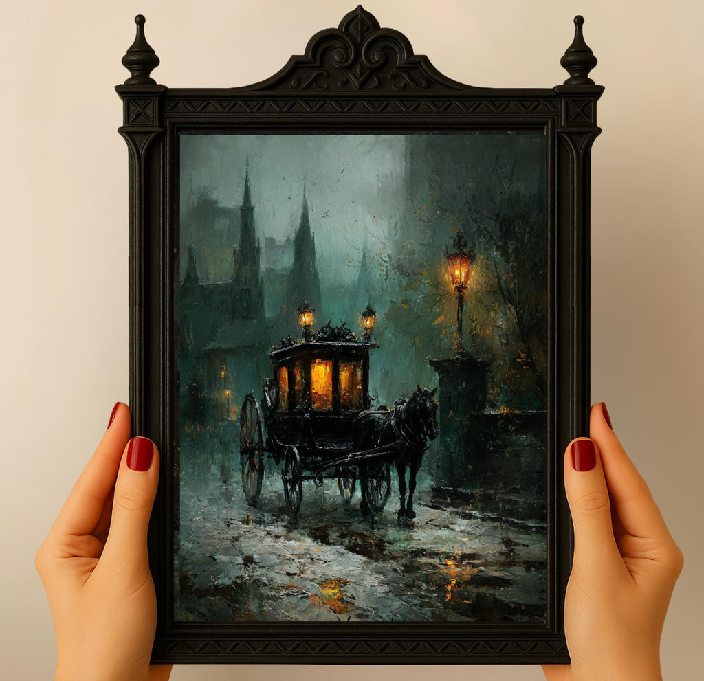 Victorian Horsedrawn Carriage Wall Art Print, Moody Dark Academia Vintage London Funeral Night Scene