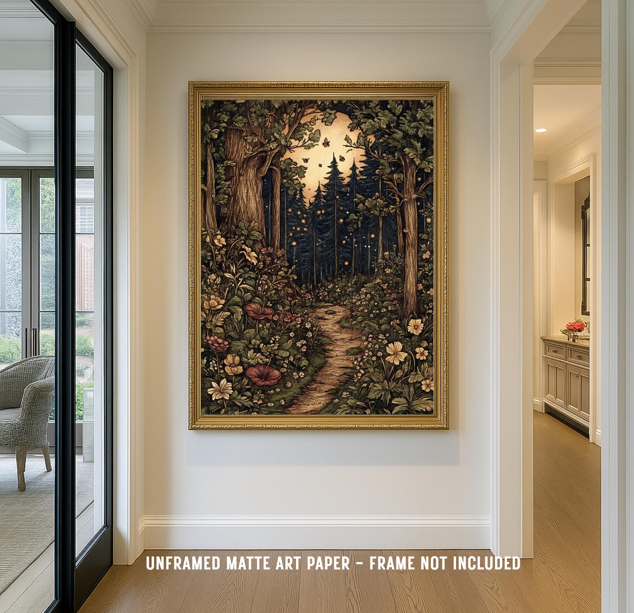 William Morris Inspired Forest Path Art Print: Cottagecore Fireflies and Trees Secondary image