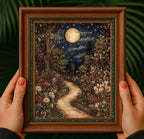 Celestial William Morris Inspired Woodland Print Moonlit Garden Path Nature Illustration