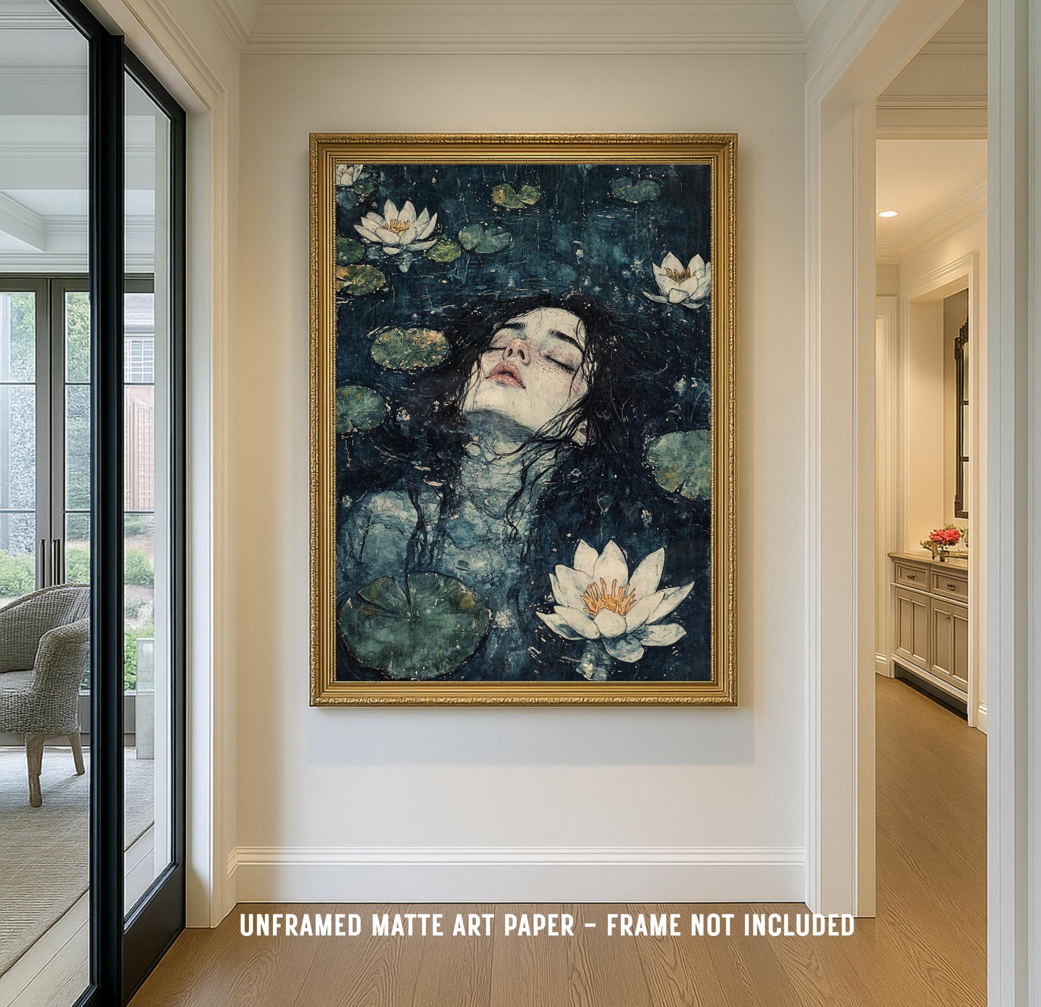 Ophelia Art Print: Gothic Lady of the Lake, Dark Moody Oil Painting Style Cottagecore Decor Secondary image