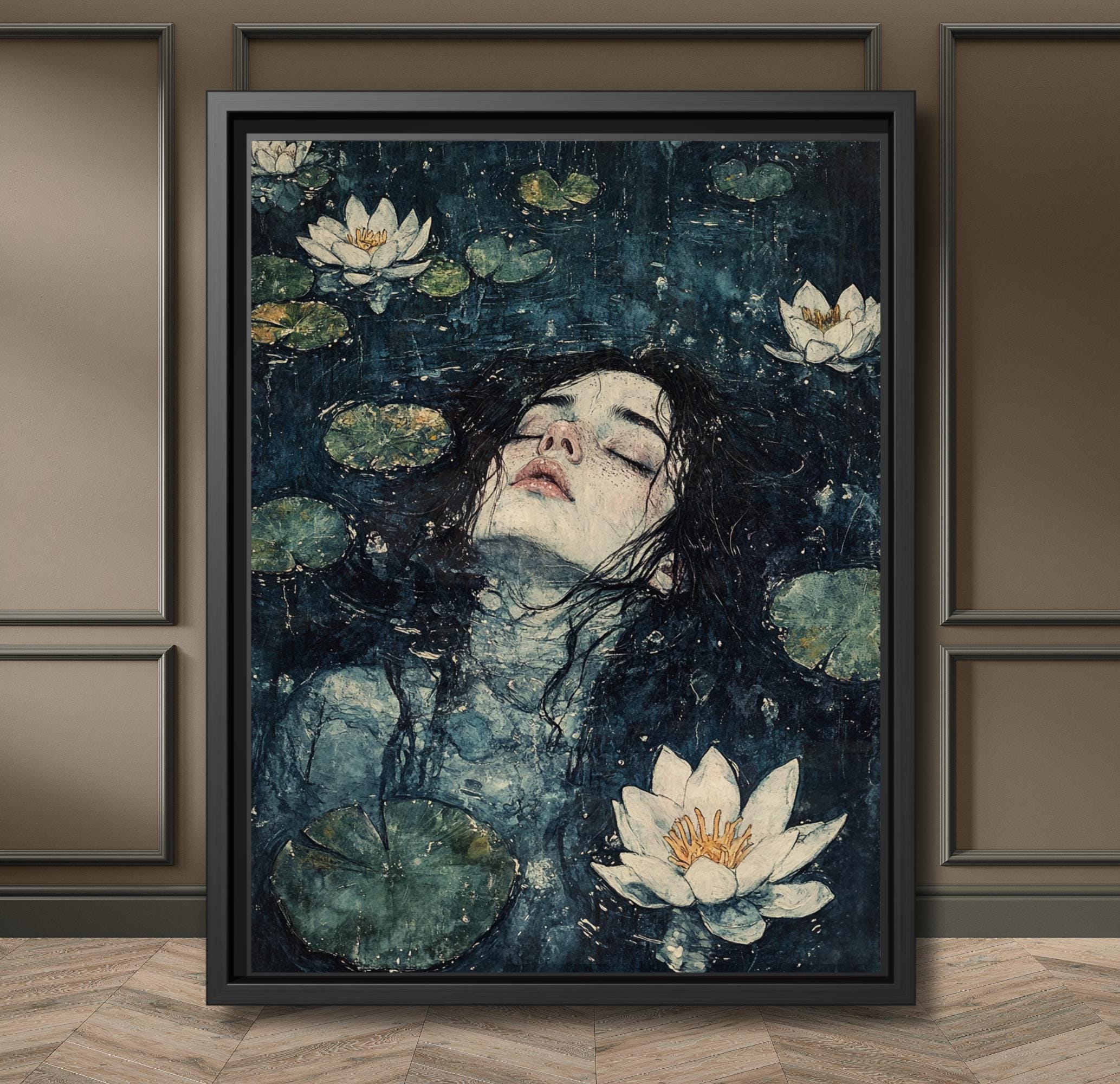 Ophelia Art Print: Gothic Lady of the Lake, Dark Moody Oil Painting Style Cottagecore Decor Main image