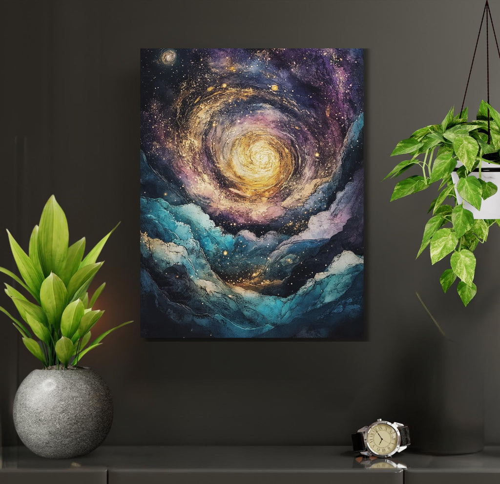 Celestial Galaxy Canvas Print, Sun, Moons, Stars Cosmic Wall Art Painting