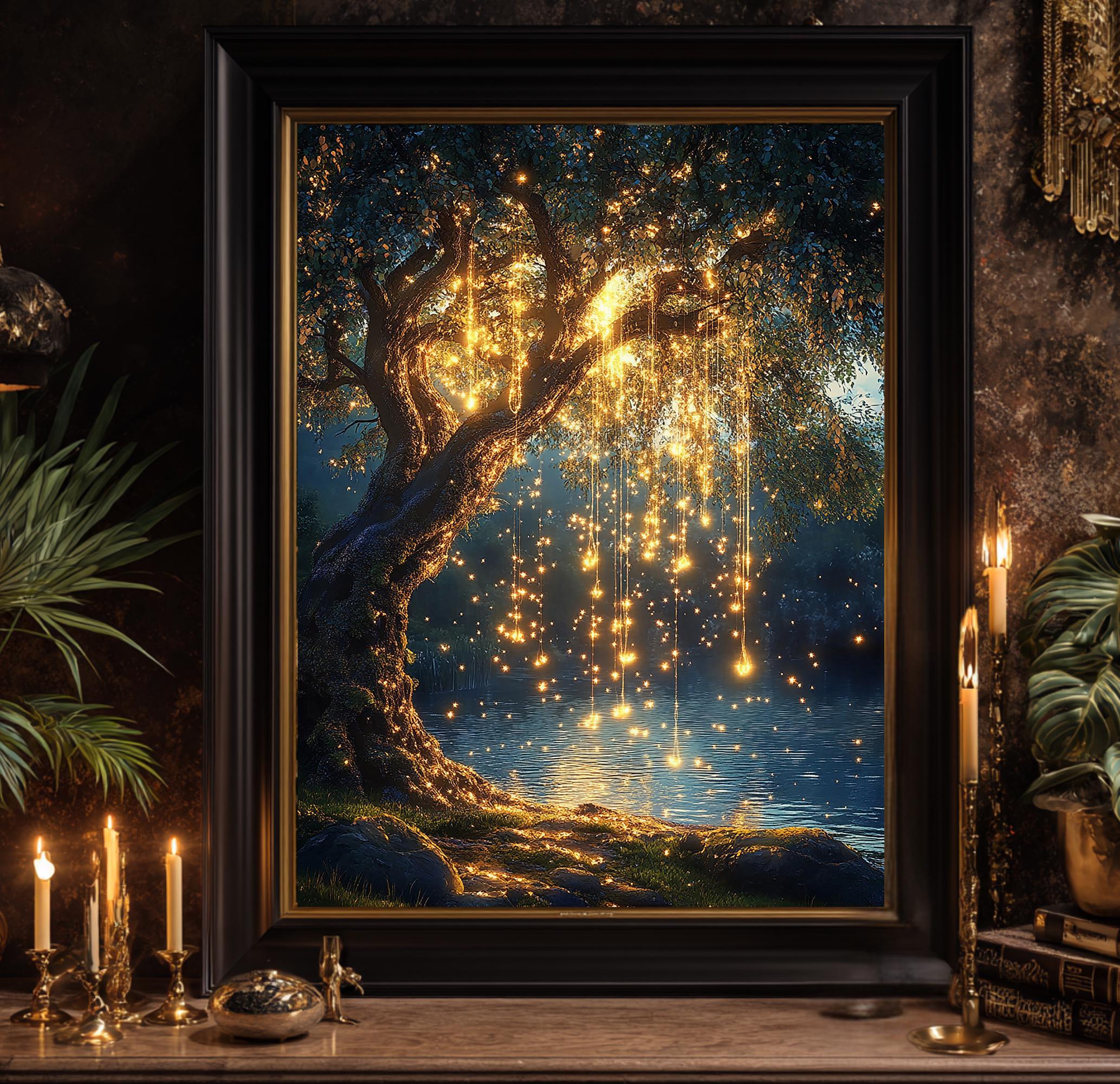 Willow Tree with Fairy Lights Print, Moonlit Lake Wall Art, Enchanted Dark Academia Painting