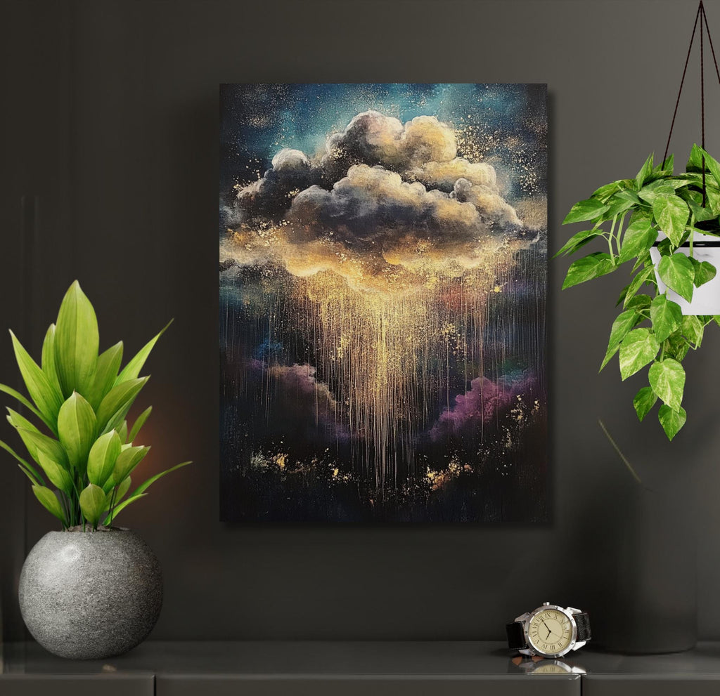 Golden Cloudburst Art Print, Abstract Stormy Sky, Moody Sky Cloudscape Oil Painting Style Decor
