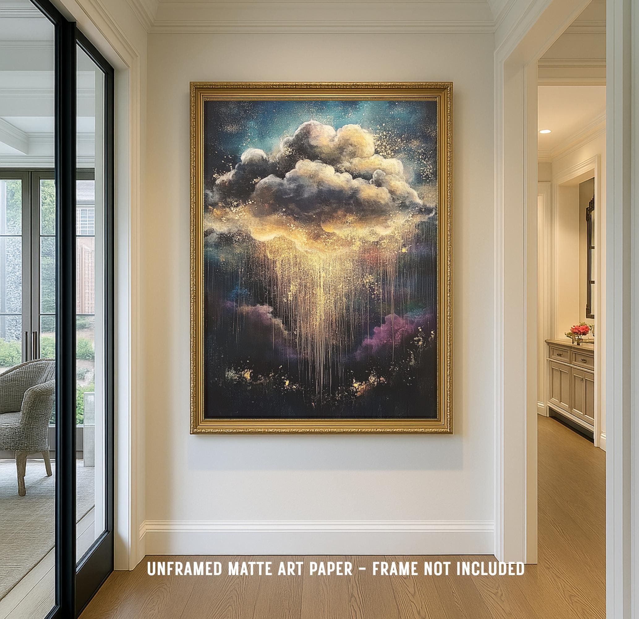 Golden Cloudburst Art Print, Abstract Stormy Sky, Moody Sky Cloudscape Oil Painting Style Decor
