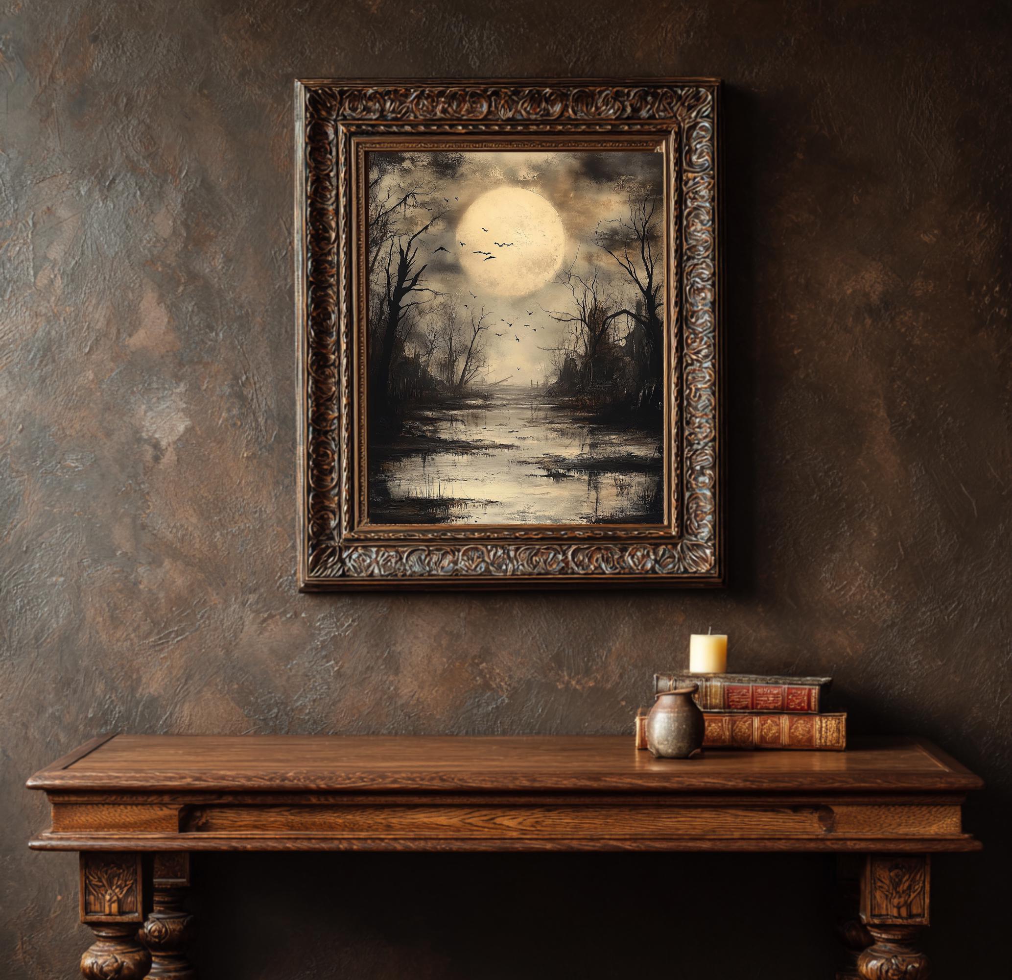 Moonlit Swamp Full Moon Wall Art Print, Gothic Trees Landscape Artwork, Dark Academia Decor