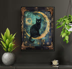 Celestial Black Cat Art Print, Gothic Moon Decor