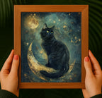 Black Cat on Crescent Moon Teal Art Print Mystical Celestial Dark Academia Wall Decor